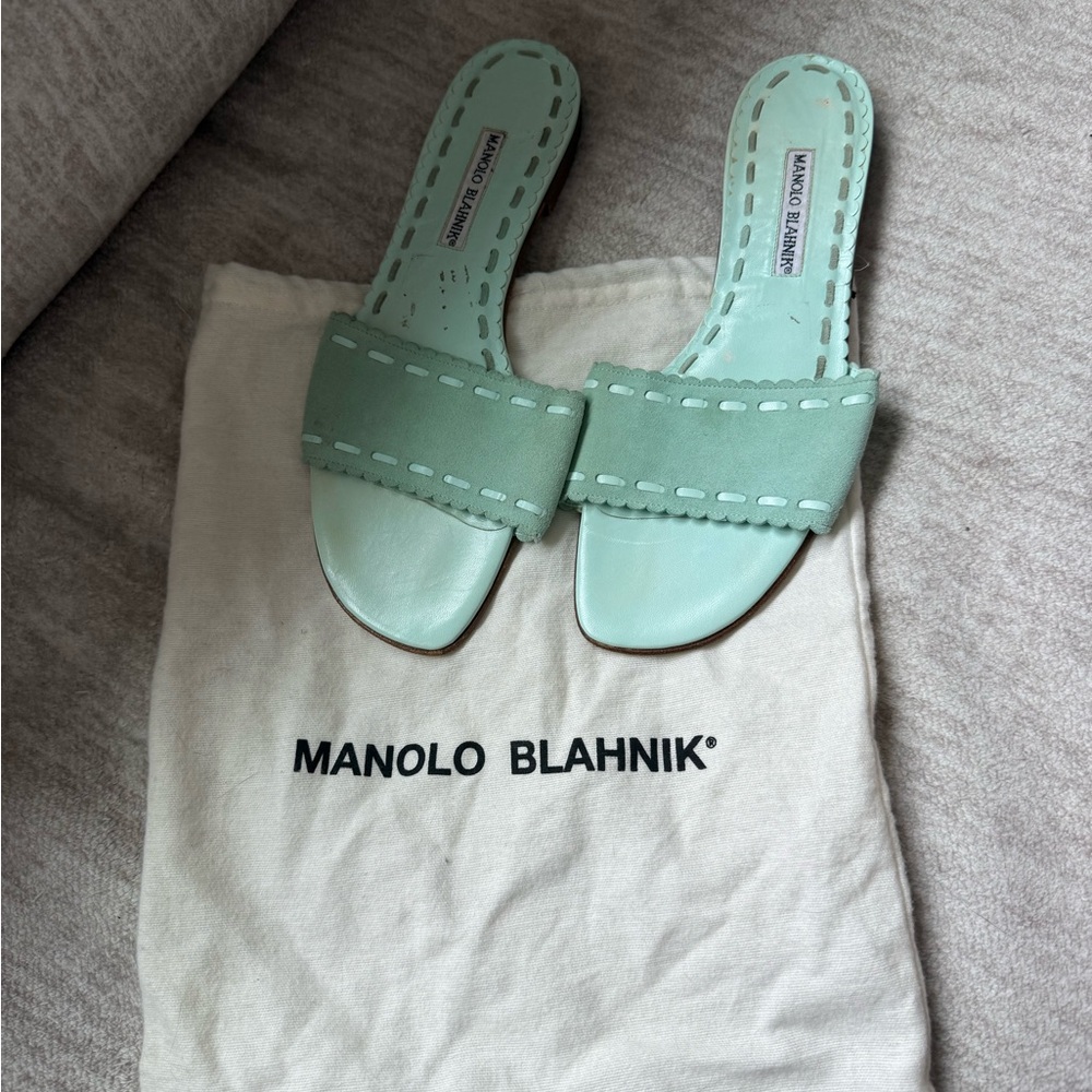 Manolo Blahnik Green Slide Sandals